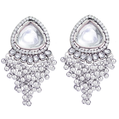 JFL-Jewellery for Less Stylish Antique Oxidised Silver Plated White Kundan with Ghungroo Drop Design Earring for Women & Girls.(Navratri Special)