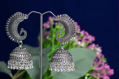 JFL-Jewellery for Less Antique Oxidised Silver Plated Peacock Design Jhumki Earring for Women & Girls.(Navratri Special)