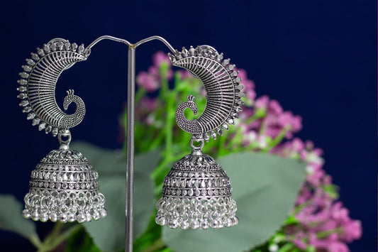 JFL-Jewellery for Less Antique Oxidised Silver Plated Peacock Design Jhumki Earring for Women & Girls.(Navratri Special)