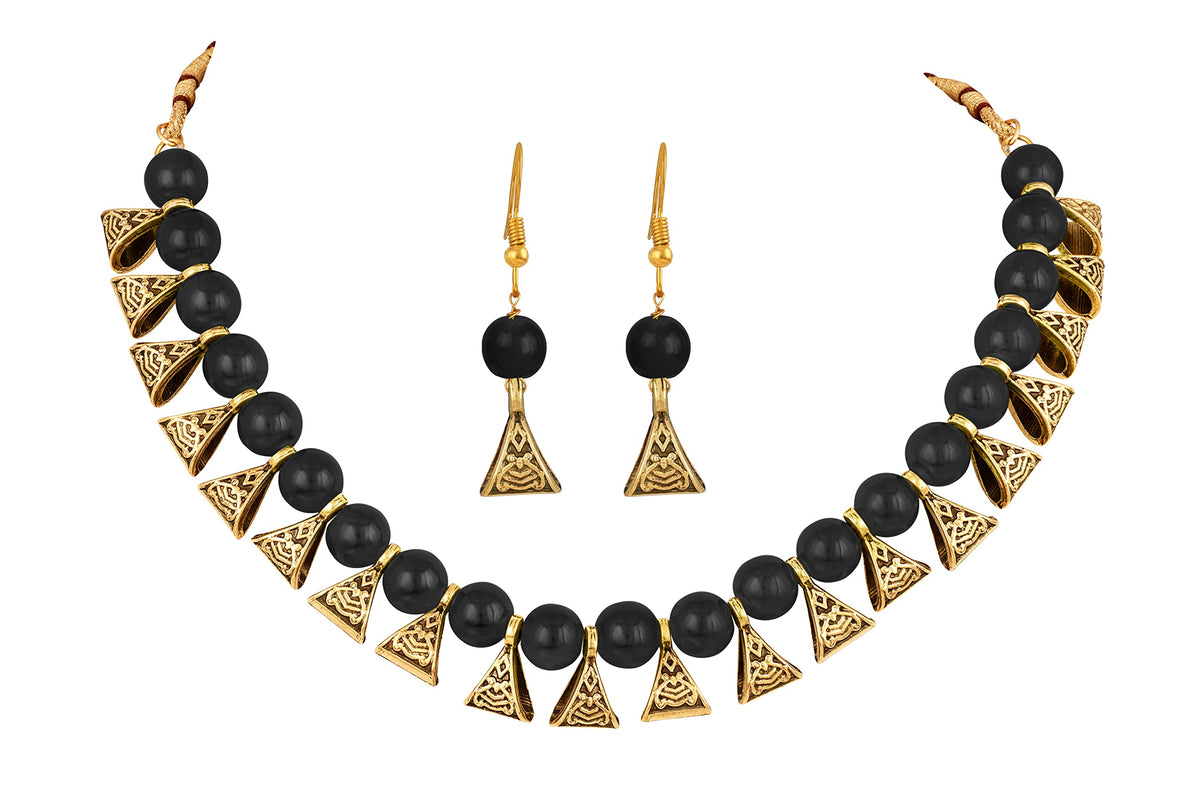 JFL - Jewellery for Less Gold Plated Fashion German Oxidized and Onyx Beaded Combo of 2 Fancy Necklace Set for Women & Girls (Black, Mint Green),Valentine