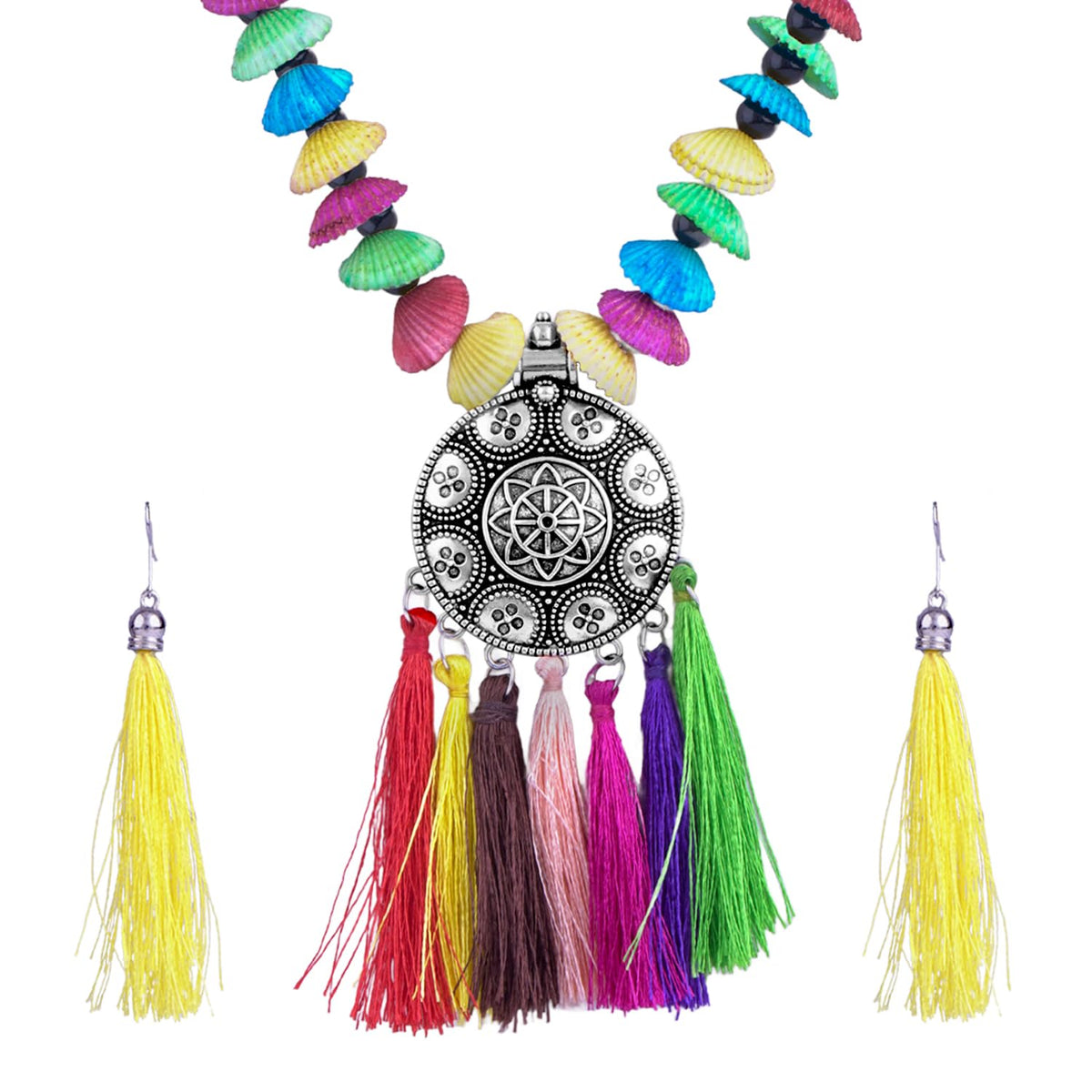 JFL - Jewellery for Less Traditional Fancy Oxidised Silver Plated Multi Colour Tassel With mussels shell Necklace Set For Women And Girls.(Navratri Special)