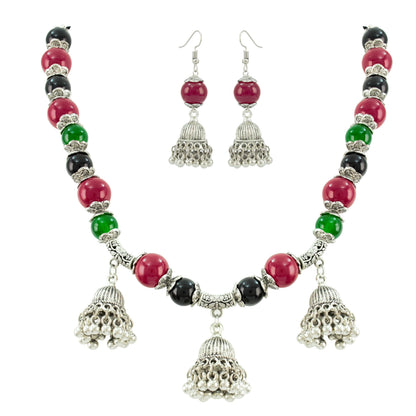 JFL-Jewellery for Less Maroon Green & Black Necklace Earrings Set with Oxidised Silver Beads & Jhumka Danglers – Traditional Jewellery for Women & Girls, Navratri, Garba