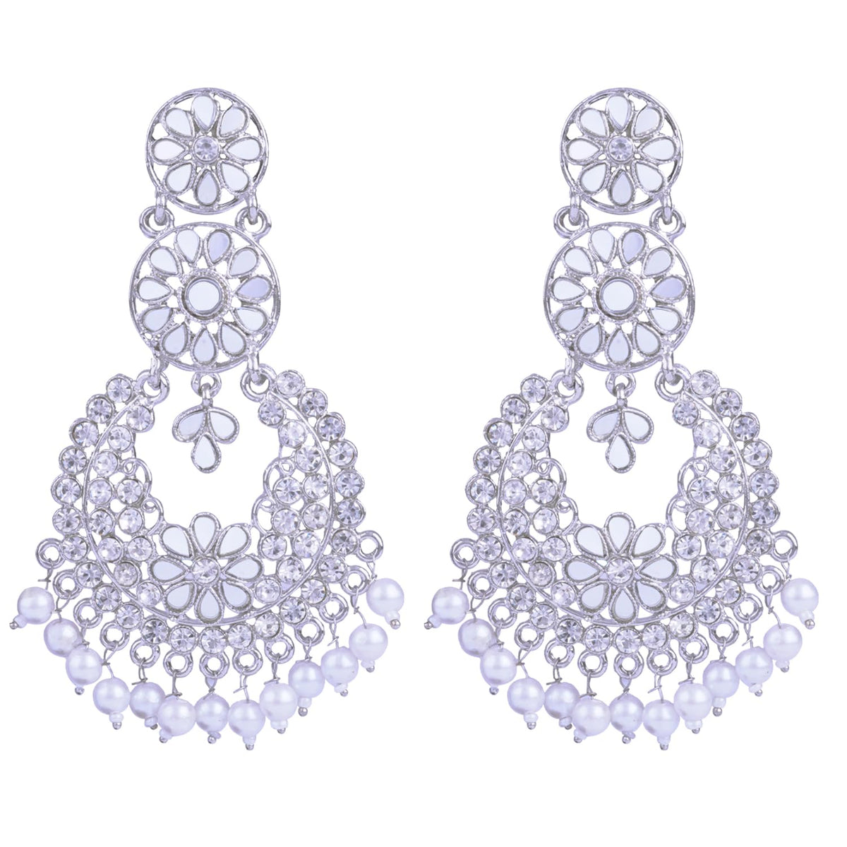 JFL - Jewellery for Less Silver Plated Mirror Work Cz Diamond Drop Pearl Dangler Chand Bali Earring for Women & Girls (Navratri Special)