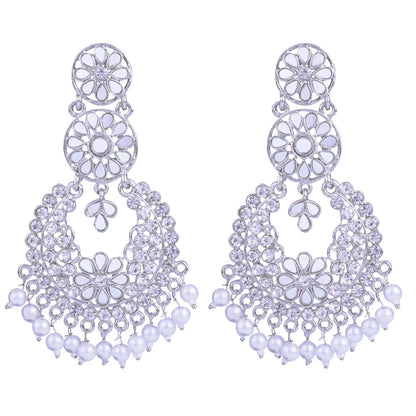 JFL - Jewellery for Less Silver Plated Mirror Work Cz Diamond Drop Pearl Dangler Chand Bali Earring for Women & Girls (Navratri Special)