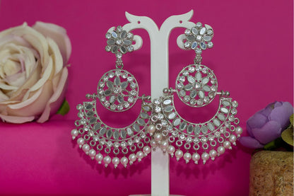 JFL - Jewellery for Less Silver Plated Mirror Work Cz Diamond Drop Pearl Dangler Chand Bali Earring for Women & Girls (Navratri Special)