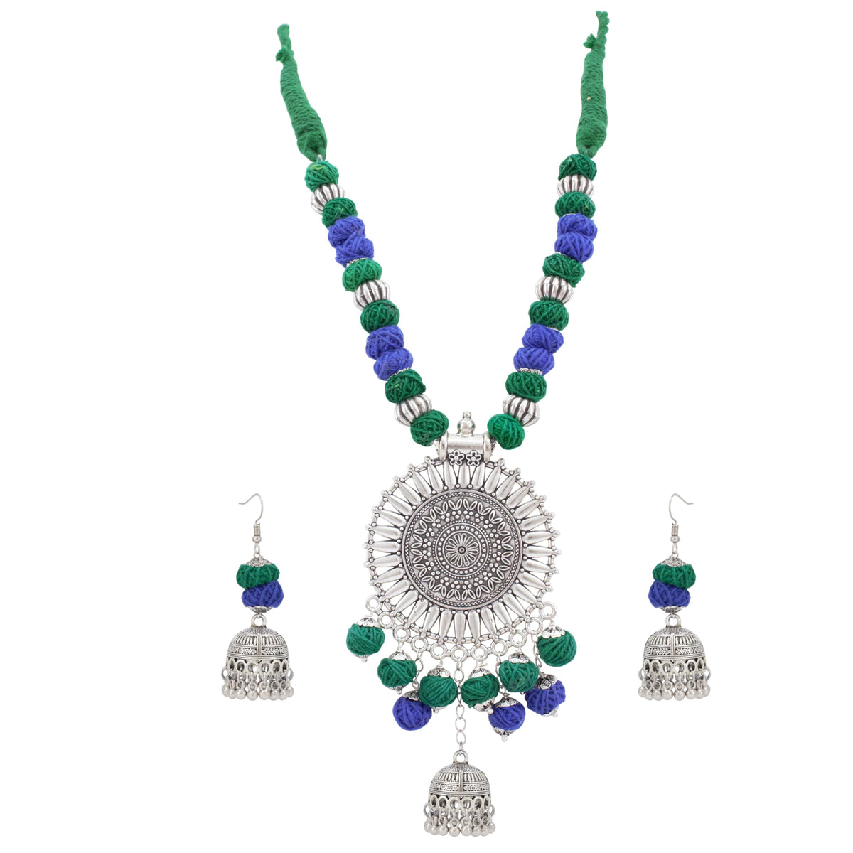 JFL-Jewellery for Less Green & Blue Cotton Thread Necklace Earrings Set with Oxidised Silver Circular Pendant & Jhumka – Handmade Jewellery for Women & Girls – Navratri, Garba