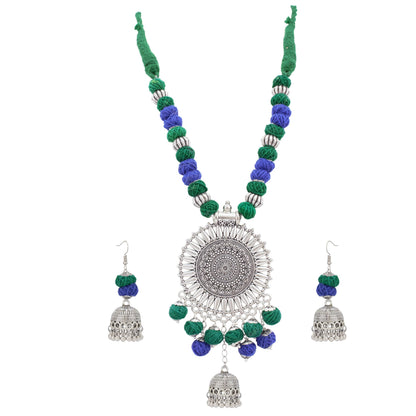 JFL-Jewellery for Less Green & Blue Cotton Thread Necklace Earrings Set with Oxidised Silver Circular Pendant & Jhumka – Handmade Jewellery for Women & Girls – Navratri, Garba