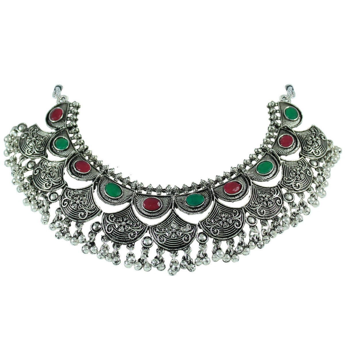 JFL - Jewellery for Less Oxidised Silver Plated Beaded Necklace Set with Kada, Earrings & Maang Tikka for Women and Girls - Navratri Special Combo