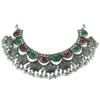 JFL - Jewellery for Less Oxidised Silver Plated Beaded Necklace Set with Kada, Earrings & Maang Tikka for Women and Girls - Navratri Special Combo
