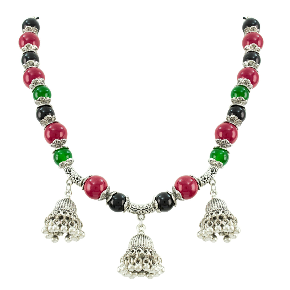 JFL-Jewellery for Less Maroon Green & Black Necklace Earrings Set with Oxidised Silver Beads & Jhumka Danglers – Traditional Jewellery for Women & Girls, Navratri, Garba