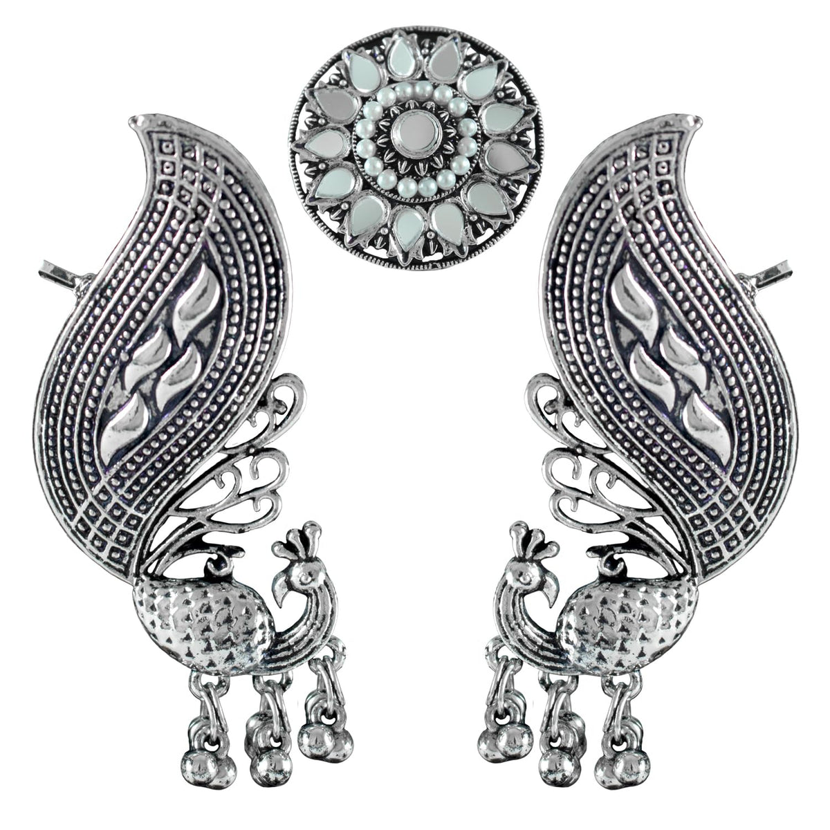 JFL - Jewellery for Less Oxidised Peacock Ear Cuff Earrings and Finger Ring with Mirror Work and Pearls for Women & Girls | Antique Silver Plated Ethnic Jewellery Combo Set(Navratri Special)