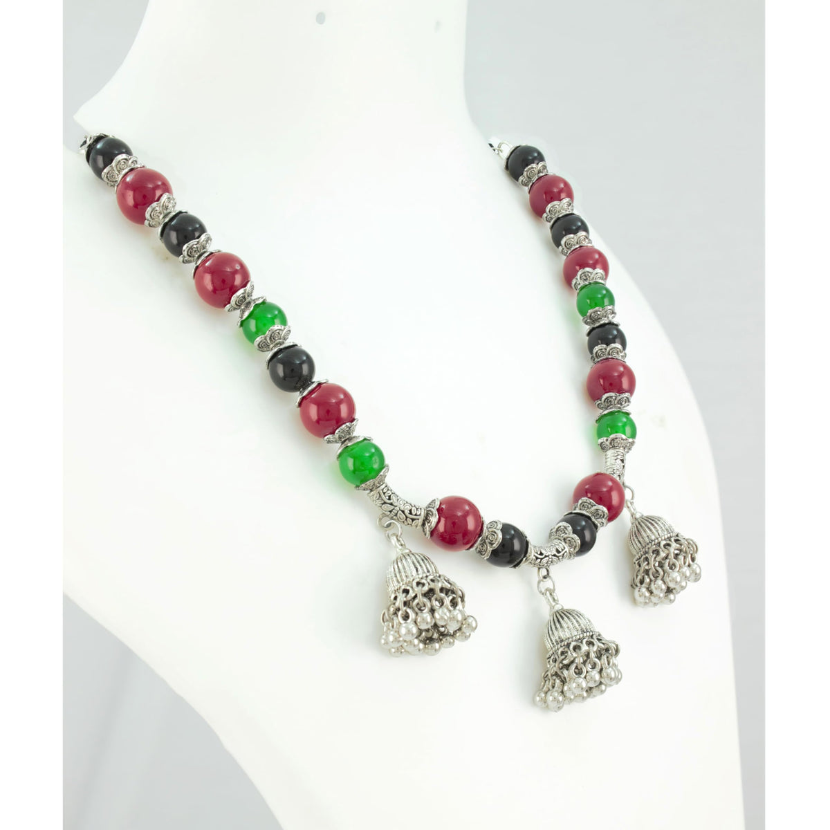 JFL-Jewellery for Less Maroon Green & Black Necklace Earrings Set with Oxidised Silver Beads & Jhumka Danglers – Traditional Jewellery for Women & Girls, Navratri, Garba