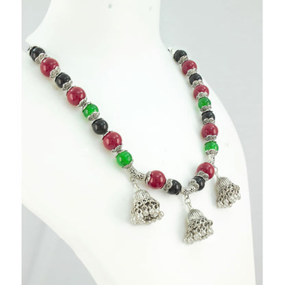 JFL-Jewellery for Less Maroon Green & Black Necklace Earrings Set with Oxidised Silver Beads & Jhumka Danglers – Traditional Jewellery for Women & Girls, Navratri, Garba