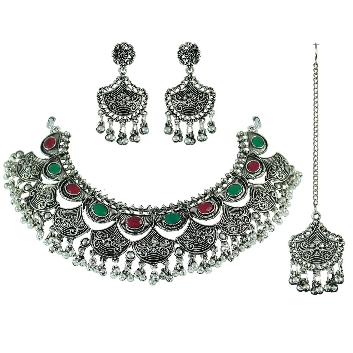 JFL - Jewellery for Less Oxidised Silver Plated Beaded Necklace Set with Kada, Earrings & Maang Tikka for Women and Girls - Navratri Special Combo