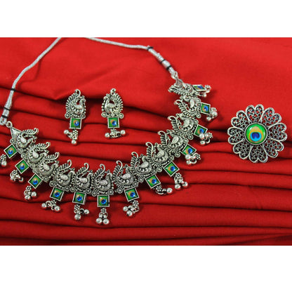 JFL‑Jewellery for Less Oxidised Silver Peacock Motif Jewellery Set – Necklace, Earrings & Finger Ring with Colour Enamel Detailing, Intricate Metalwork & Bead Danglers–Women & Girls – Navratri, Garba