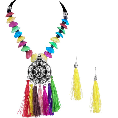 JFL - Jewellery for Less Traditional Fancy Oxidised Silver Plated Multi Colour Tassel With mussels shell Necklace Set For Women And Girls.(Navratri Special)