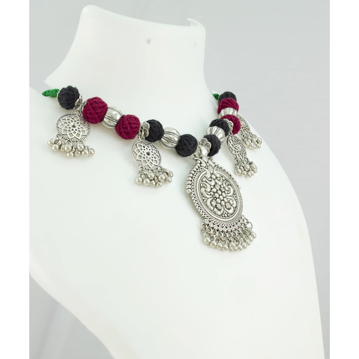 JFL- Jewellery for Less Maroon & Black Cotton Thread Necklace Earrings Set with Oxidised Silver Circular Pendant, Jhumka & Ghungroo Danglers – Jewellery for Women & Girls – Navratri, Garba