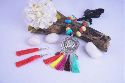 JFL - Jewellery for Less Traditional Fancy Oxidised Silver Plated Multi Colour Tassel With mussels shell Necklace Set For Women & Girls.(Navratri Special)
