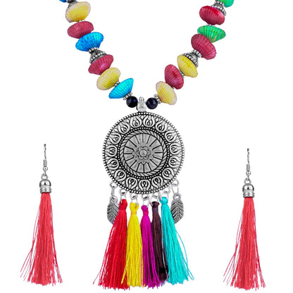 JFL - Jewellery for Less Traditional Fancy Oxidised Silver Plated Multi Colour Tassel With mussels shell Necklace Set For Women & Girls.(Navratri Special)