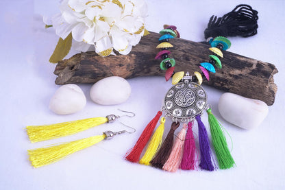 JFL - Jewellery for Less Traditional Fancy Oxidised Silver Plated Multi Colour Tassel With mussels shell Necklace Set For Women And Girls.(Navratri Special)