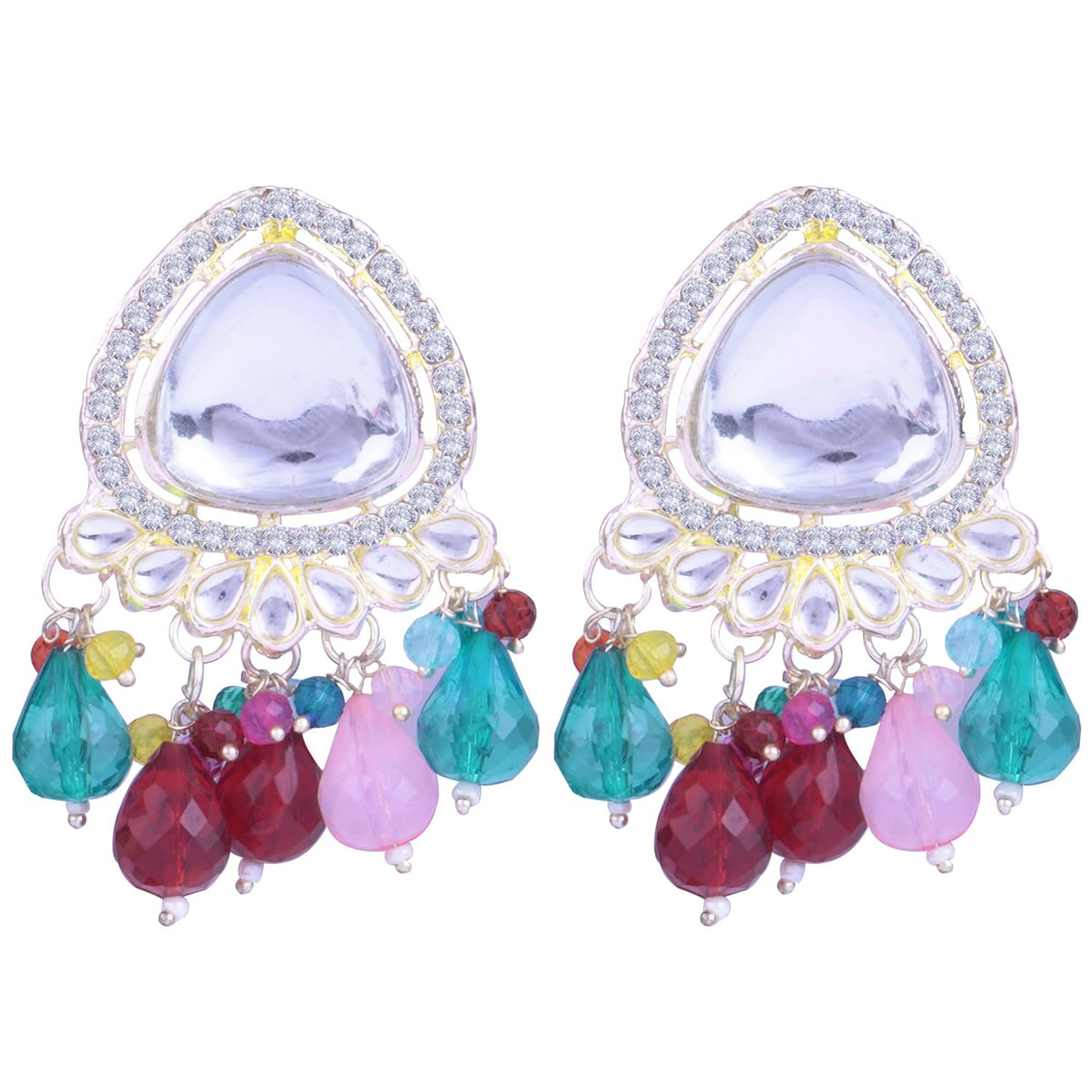 JFL-Jewellery for Less Traditional Gold Plated White Kundan with Crystal Multi beads Drop Design Earring for Women & Girls.(Navratri Special)