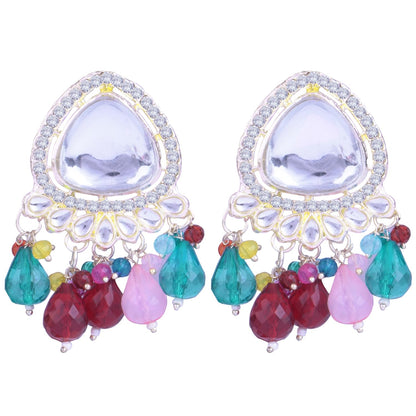 JFL-Jewellery for Less Traditional Gold Plated White Kundan with Crystal Multi beads Drop Design Earring for Women & Girls.(Navratri Special)