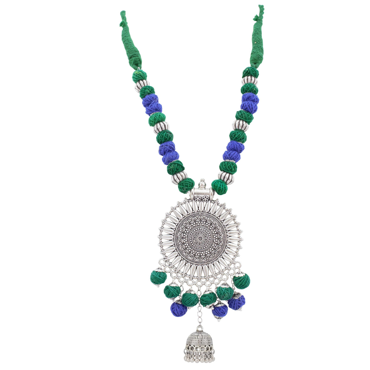 JFL-Jewellery for Less Green & Blue Cotton Thread Necklace Earrings Set with Oxidised Silver Circular Pendant & Jhumka – Handmade Jewellery for Women & Girls – Navratri, Garba