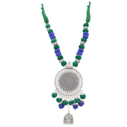 JFL-Jewellery for Less Green & Blue Cotton Thread Necklace Earrings Set with Oxidised Silver Circular Pendant & Jhumka – Handmade Jewellery for Women & Girls – Navratri, Garba