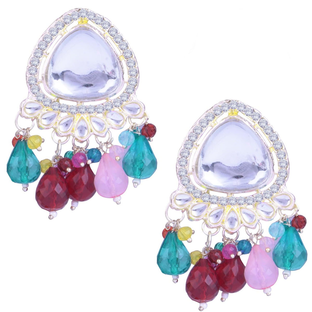 JFL-Jewellery for Less Traditional Gold Plated White Kundan with Crystal Multi beads Drop Design Earring for Women & Girls.(Navratri Special)
