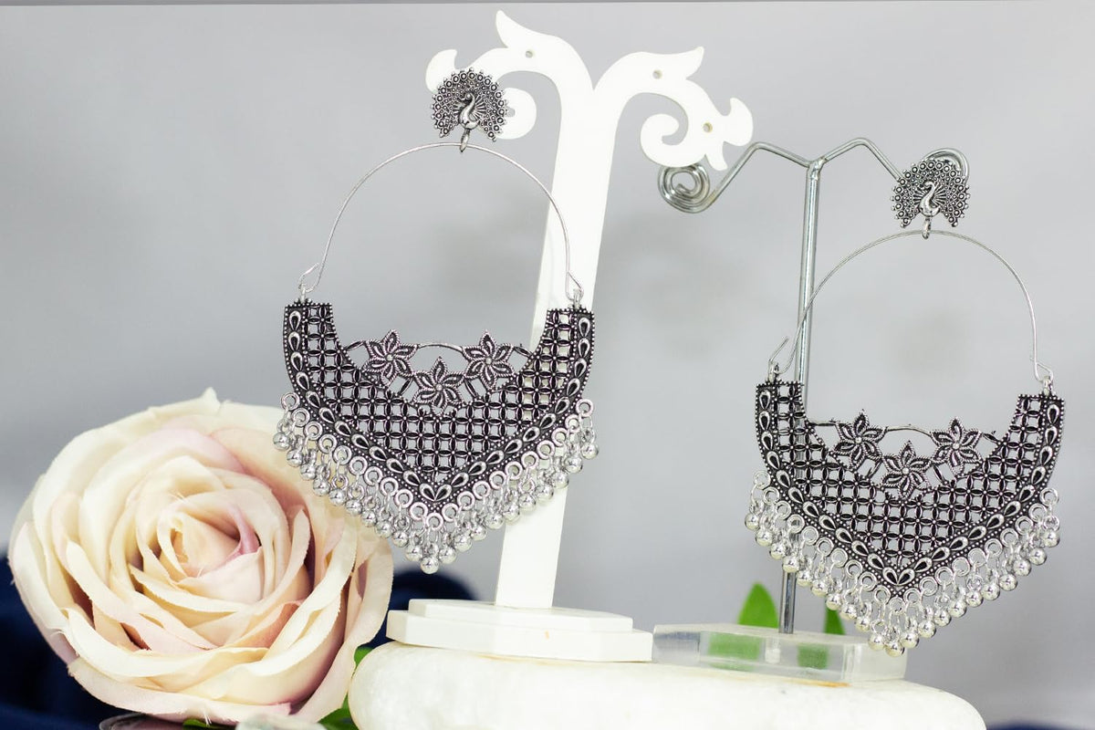 JFL-Jewellery for Less Antique Oxidised Silver Plated Peacock Design Chand Bali Earring for Women & Girls.(Navratri Special)