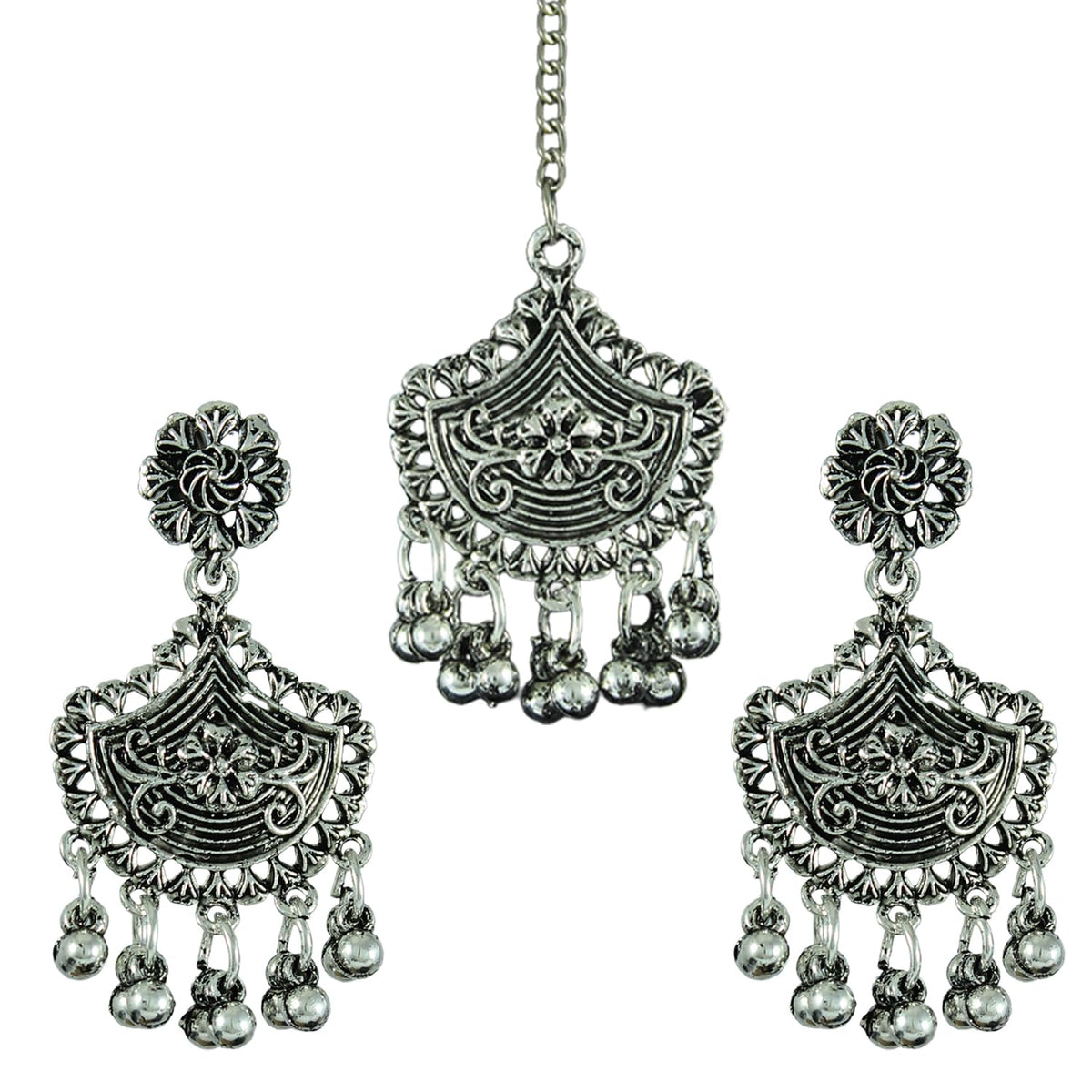 JFL - Jewellery for Less Oxidised Silver Plated Beaded Necklace Set with Kada, Earrings & Maang Tikka for Women and Girls - Navratri Special Combo
