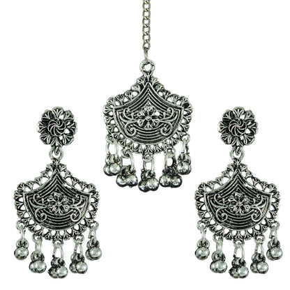 JFL - Jewellery for Less Oxidised Silver Plated Beaded Necklace Set with Kada, Earrings & Maang Tikka for Women and Girls - Navratri Special Combo
