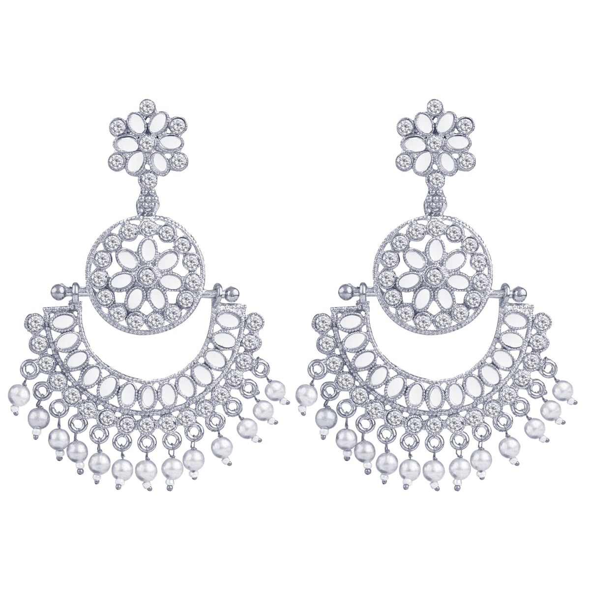 JFL - Jewellery for Less Silver Plated Mirror Work Cz Diamond Drop Pearl Dangler Chand Bali Earring for Women & Girls (Navratri Special)