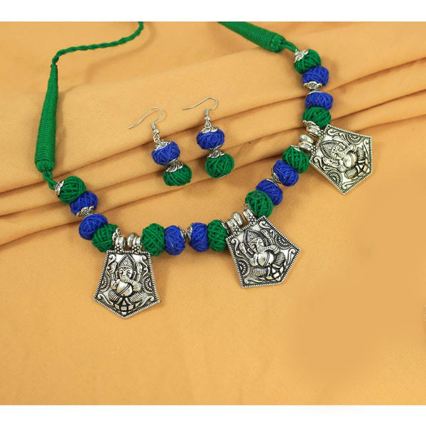 JFL-Jewellery for Less Blue & Green Cotton Thread Necklace Earrings Set with Oxidised Silver Ganesha Pendants & Jhumka – Handmade Jewellery for Women & Girls – Navratri, Garba