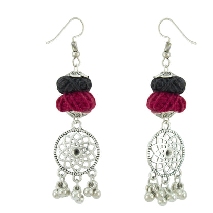 JFL- Jewellery for Less Maroon & Black Cotton Thread Necklace Earrings Set with Oxidised Silver Circular Pendant, Jhumka & Ghungroo Danglers – Jewellery for Women & Girls – Navratri, Garba