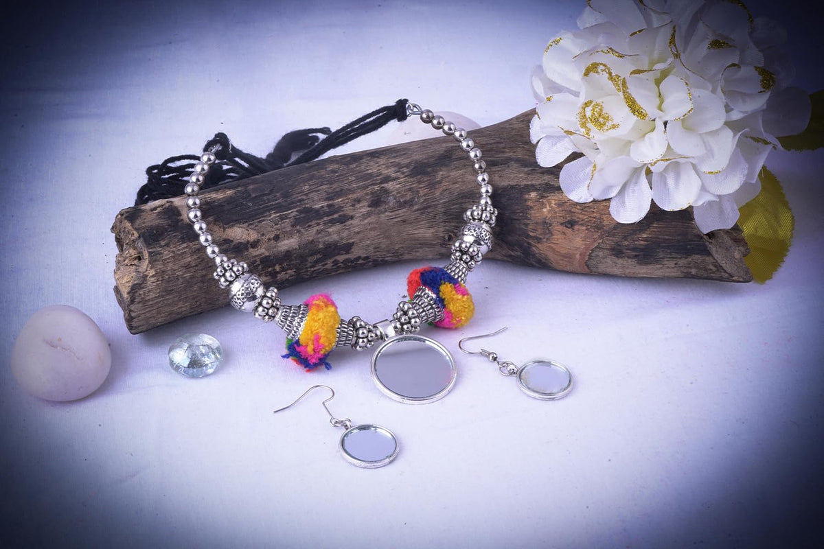 JFL - Jewellery for Less Oxidised Silver Plated Mirror Work With Pom-Pom Necklace Sets with Matching Earrings for Women and Girls.(Navratri Special)