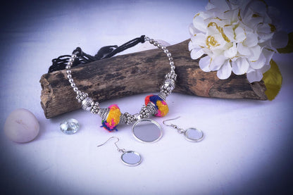 JFL - Jewellery for Less Oxidised Silver Plated Mirror Work With Pom-Pom Necklace Sets with Matching Earrings for Women and Girls.(Navratri Special)