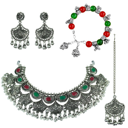 JFL - Jewellery for Less Oxidised Silver Plated Beaded Necklace Set with Kada, Earrings & Maang Tikka for Women and Girls - Navratri Special Combo
