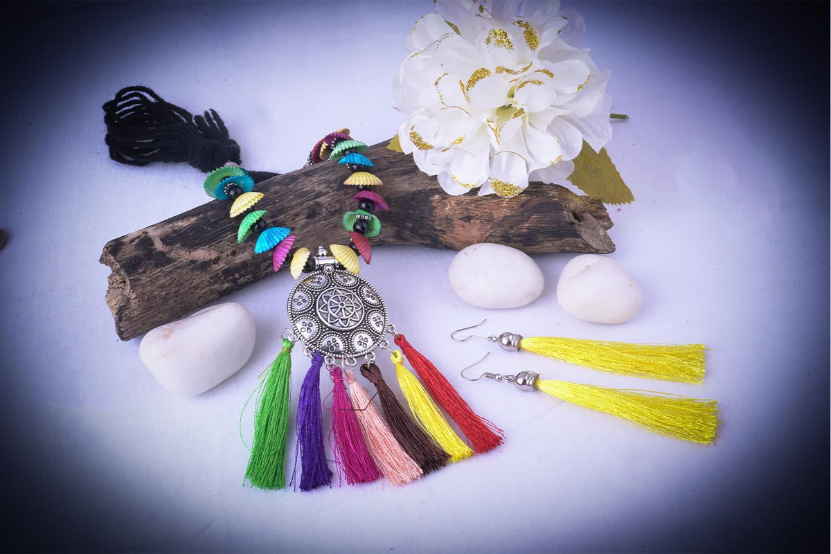 JFL - Jewellery for Less Traditional Fancy Oxidised Silver Plated Multi Colour Tassel With mussels shell Necklace Set For Women And Girls.(Navratri Special)