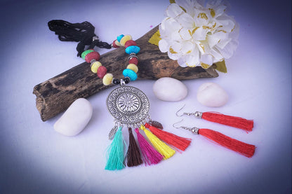 JFL - Jewellery for Less Traditional Fancy Oxidised Silver Plated Multi Colour Tassel With mussels shell Necklace Set For Women & Girls.(Navratri Special)