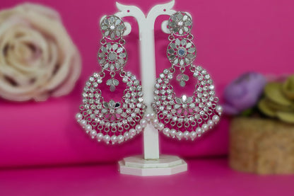 JFL - Jewellery for Less Silver Plated Mirror Work Cz Diamond Drop Pearl Dangler Chand Bali Earring for Women & Girls (Navratri Special)