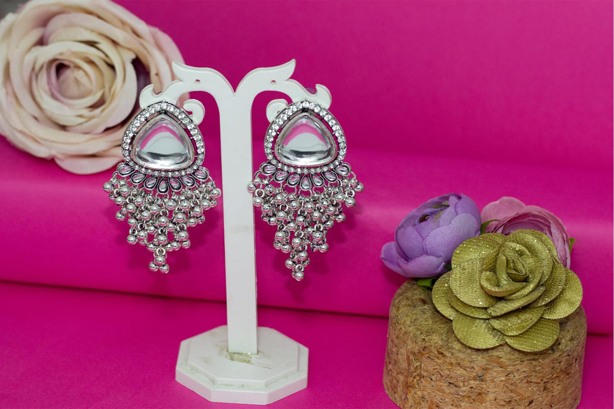 JFL-Jewellery for Less Stylish Antique Oxidised Silver Plated White Kundan with Ghungroo Drop Design Earring for Women & Girls.(Navratri Special)