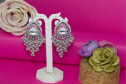 JFL-Jewellery for Less Stylish Antique Oxidised Silver Plated White Kundan with Ghungroo Drop Design Earring for Women & Girls.(Navratri Special)
