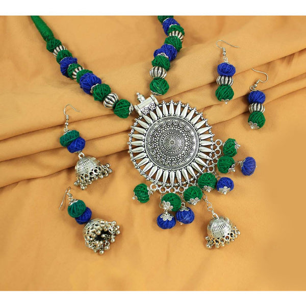 JFL-Jewellery for Less Green & Blue Cotton Thread Necklace Earrings Set with Oxidised Silver Circular Pendant & Jhumka – Handmade Jewellery for Women & Girls – Navratri, Garba