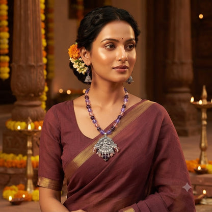 JFL - Jewellery for Less Oxidized Silver Lakshmi Pendant Beaded Necklace Earrings Set – Purple Lavender Peach Crystal Beads Jhumka Earring Jewellery Set for Women & Girls