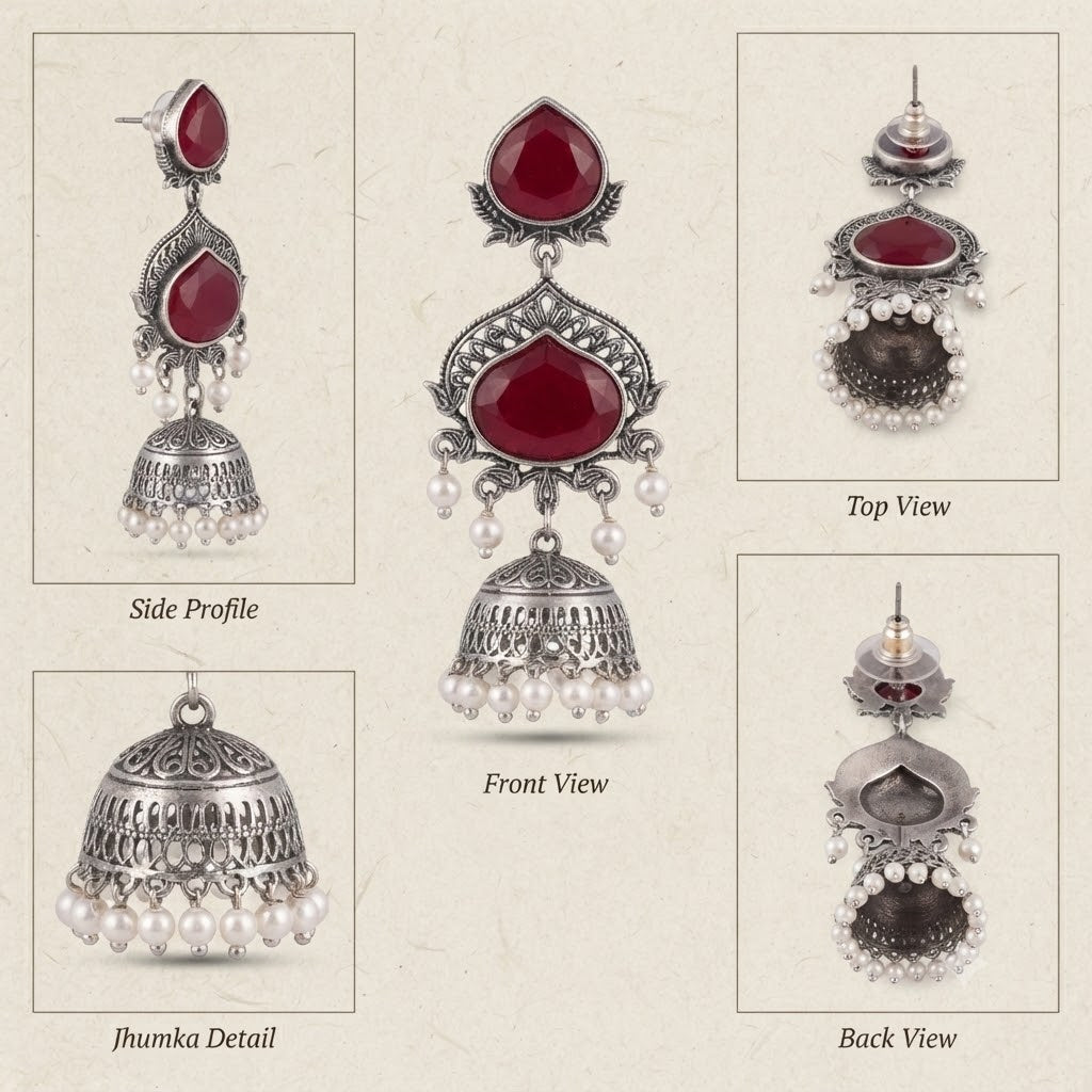 JFL - Jewellery for Less Oxidized Silver-Toned Jhumka Earrings with Maroon Stone and Pearl Drops – Traditional Ethnic Jewellery for Women