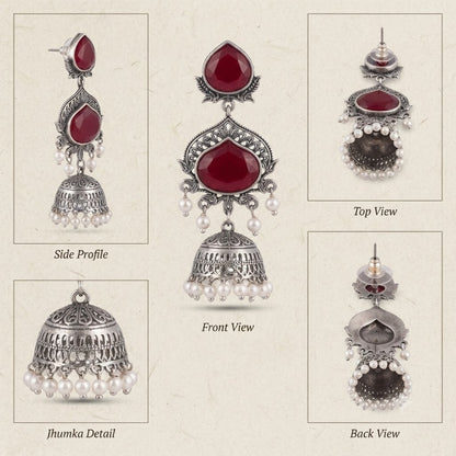 JFL - Jewellery for Less Oxidized Silver-Toned Jhumka Earrings with Maroon Stone and Pearl Drops – Traditional Ethnic Jewellery for Women