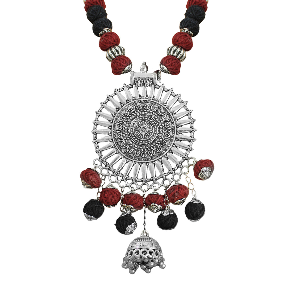 JFL-Jewellery for Less Maroon & Black Cotton Thread Necklace Set with Oxidised Silver Circular Pendant, Ghungroo Danglers & 2 Earring Pairs (Jhumka & Beaded) – Women & Girls, Navratri, Garba