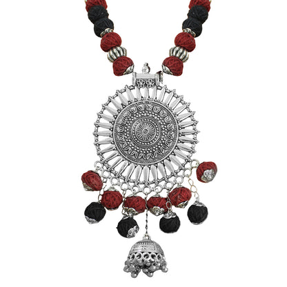 JFL-Jewellery for Less Maroon & Black Cotton Thread Necklace Set with Oxidised Silver Circular Pendant, Ghungroo Danglers & 2 Earring Pairs (Jhumka & Beaded) – Women & Girls, Navratri, Garba