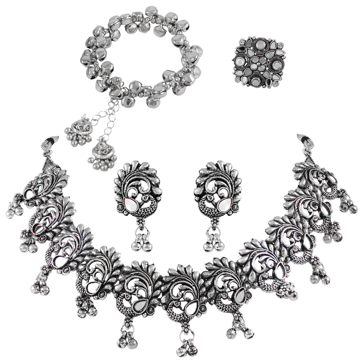 JFL - Jewellery for Less Navratri Special Oxidised Silver Jewellery Set – Peacock Necklace, Earrings, Ghungroo Bracelet & Adjustable Finger Ring | Traditional Festive Jewellery for Women & Girls.